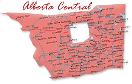 Map cutout of the Central Prairies region in Alberta, Canada