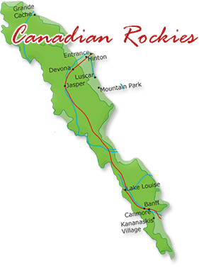 Map cutout of the Canadian Rockies region in Alberta, Canada