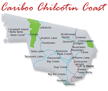 Map cutout of the Cariboo Chilcotin Coast region in British Columbia, Canada