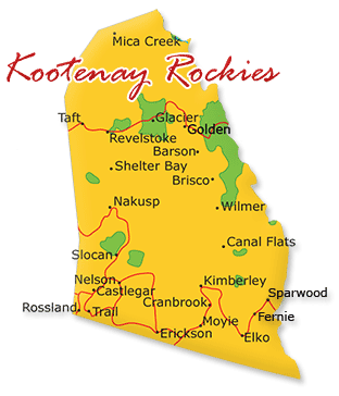 Map cutout of the Kootenay Rockies region in British Columbia, Canada