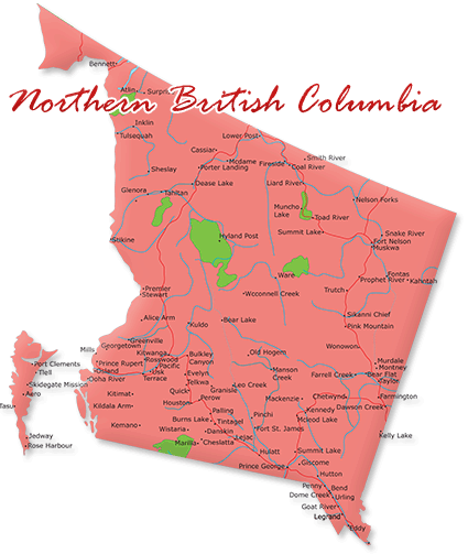 Map cutout of the Northern British Columbia region in British Columbia, Canada
