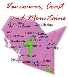 Map cutout of the Vancouver Coast Mountains region in British Columbia, Canada
