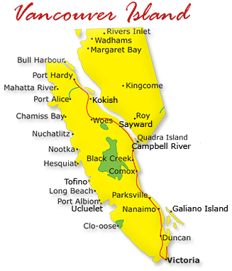 Map cutout of the Vancouver Island region in British Columbia, Canada