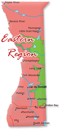 Map cutout of the Eastern Region region in Manitoba, Canada