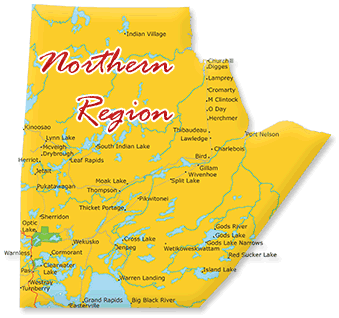 Map cutout of the Manitoba North region in Manitoba, Canada