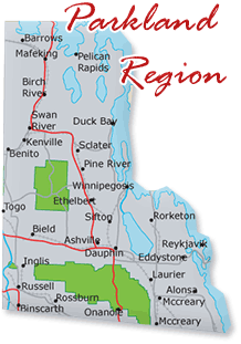 Map cutout of the Parkland Region region in Manitoba, Canada