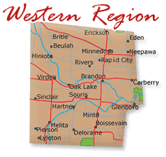 Map cutout of the Western Region region in Manitoba, Canada