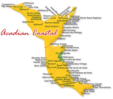 Map cutout of the Acadian Coastal region in New Brunswick, Canada