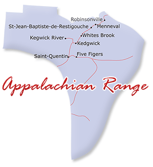 Map cutout of the Appalachian Range region in New Brunswick, Canada