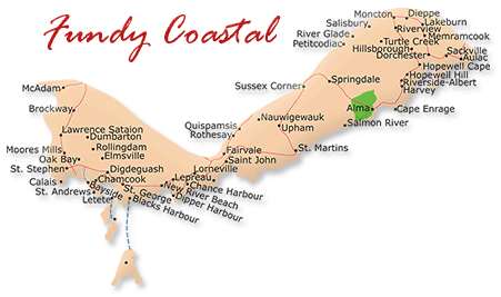 Map cutout of the Fundy Coastal region in New Brunswick, Canada