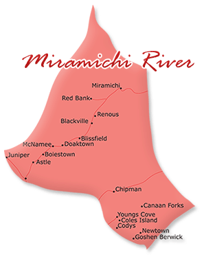 Map cutout of the Miramichi River region in New Brunswick, Canada