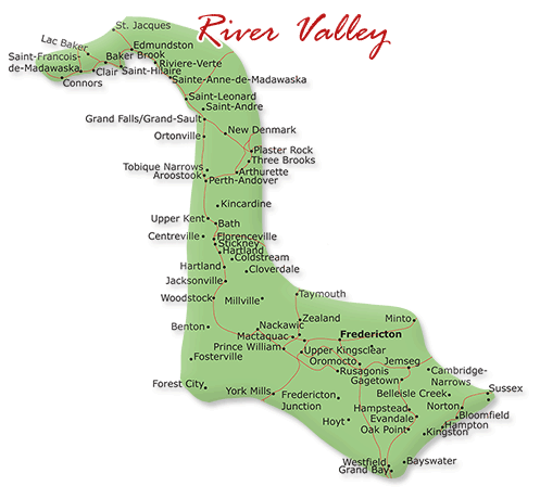Map cutout of the River Valley region in New Brunswick, Canada