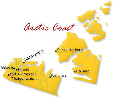 Map cutout of the Western Arctic region in Northwest Territories, Canada