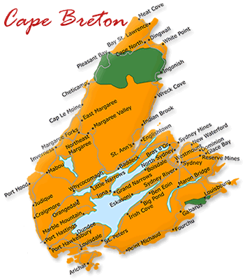 Map cutout of the Cape Breton Island region in Nova Scotia, Canada