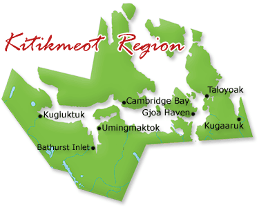 Map cutout of the Kitikmeot region in Nunavut, Canada