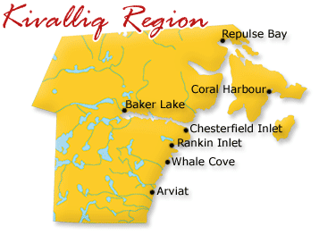 Map cutout of the Kivalliq region in Nunavut, Canada