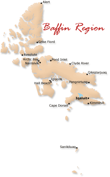 Map cutout of the Qikiqtaaluk region in Nunavut, Canada