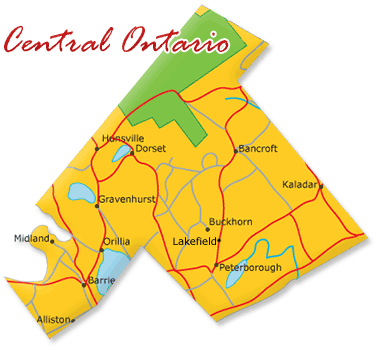 Map cutout of the Kawartha Northumberland region in Ontario, Canada