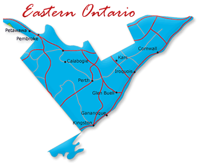 Map cutout of the Southeastern Ontario region in Ontario, Canada