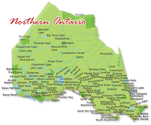 Map cutout of the Northeastern Ontario region in Ontario, Canada
