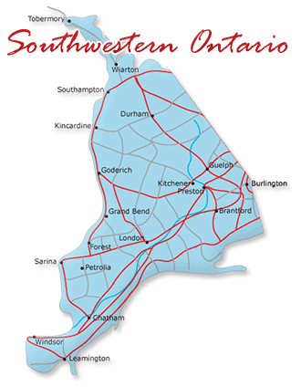 Map cutout of the Southwest Ontario region in Ontario, Canada