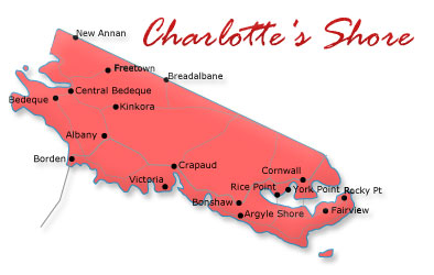 Map cutout of the Charlottes Shore region in Prince Edward Island, Canada