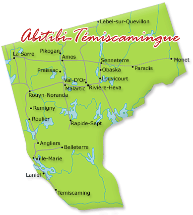 Map cutout of the Abitibi Temiscamingue region in Quebec, Canada