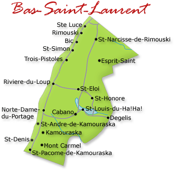 Map cutout of the Bas Saint Laurent region in Quebec, Canada