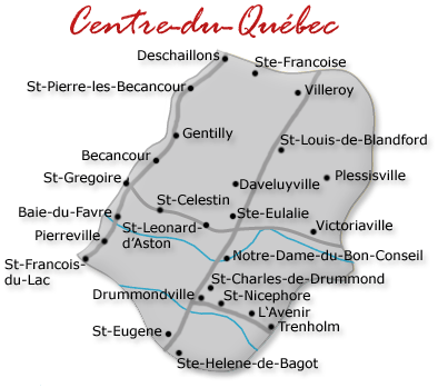 Map cutout of the Centre Du Quebec region in Quebec, Canada