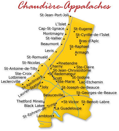 Map cutout of the Chaudiere Appalaches region in Quebec, Canada