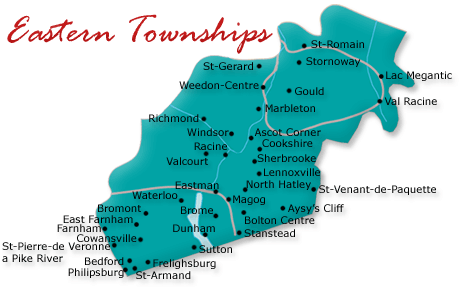 Map cutout of the Eastern Townships region in Quebec, Canada