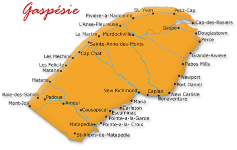 Map cutout of the Gaspesie region in Quebec, Canada