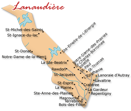Map cutout of the Lanaudiere region in Quebec, Canada