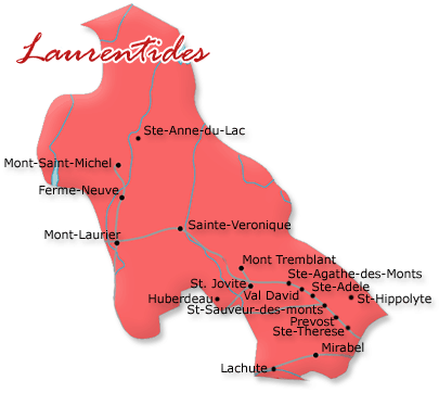 Map cutout of the Laurentides region in Quebec, Canada