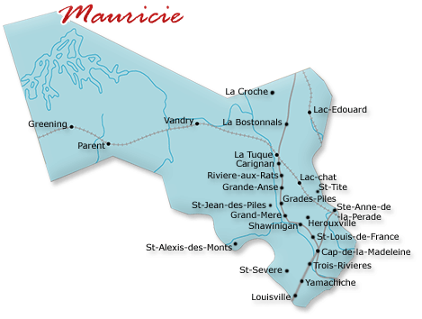Map cutout of the Mauricie region in Quebec, Canada