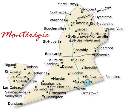 Map cutout of the Monteregie region in Quebec, Canada