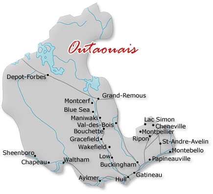Map cutout of the Outaouais region in Quebec, Canada