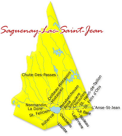 Map cutout of the Saguenay Lac Saint Jean region in Quebec, Canada