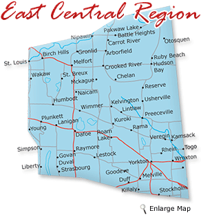 Map cutout of the East Central region in Saskatchewan, Canada