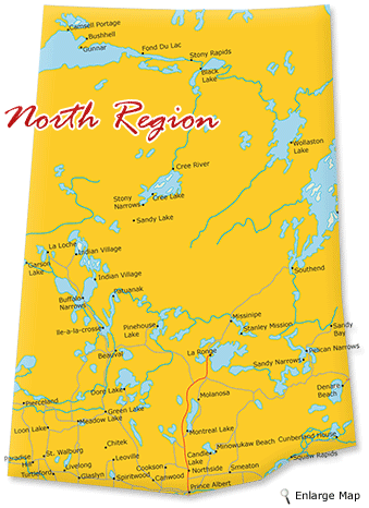 Map cutout of the North region in Saskatchewan, Canada