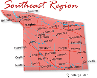 Map cutout of the Southeast region in Saskatchewan, Canada