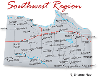 Map cutout of the Southwest region in Saskatchewan, Canada