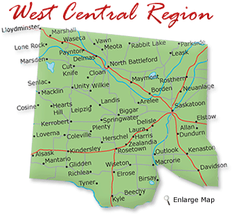 Map cutout of the West Central region in Saskatchewan, Canada