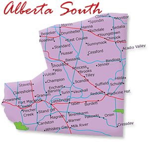 Map cutout of the Canadian Badlands region in Alberta, Canada