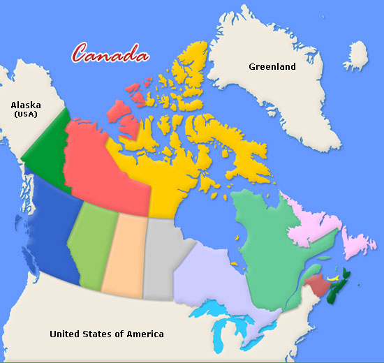 Map of Canada with outlined Provinces Territories