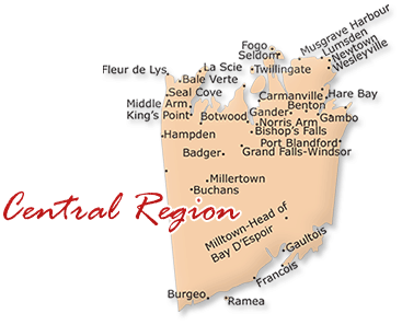 Map cutout of the Central region in Newfoundland Labrador, Canada
