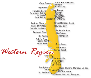 Map cutout of the Western region in Newfoundland Labrador, Canada