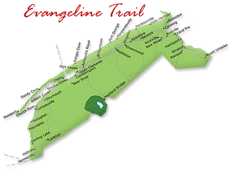 Map cutout of the Yarmouth Acadian Shores region in Nova Scotia, Canada