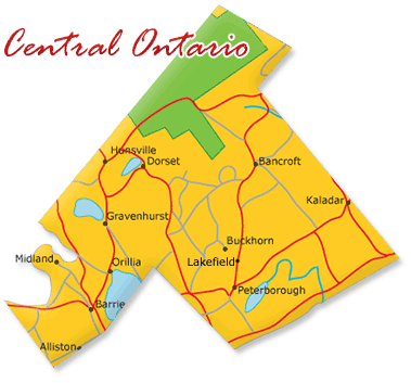 Map cutout of the Muskoka Parry Sound Algonquin Park region in Ontario, Canada