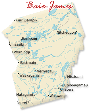 Map cutout of the Baie James region in Quebec, Canada